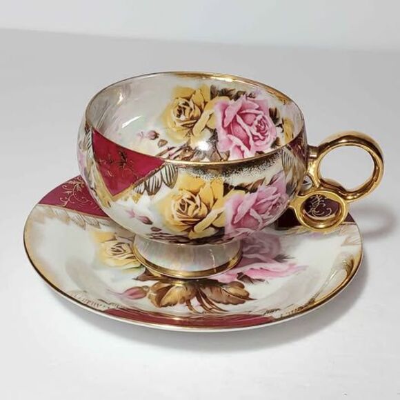 Del Coronado Teacup and Saucer Pink Yellow Roses Vintage - Picture 2 of 10